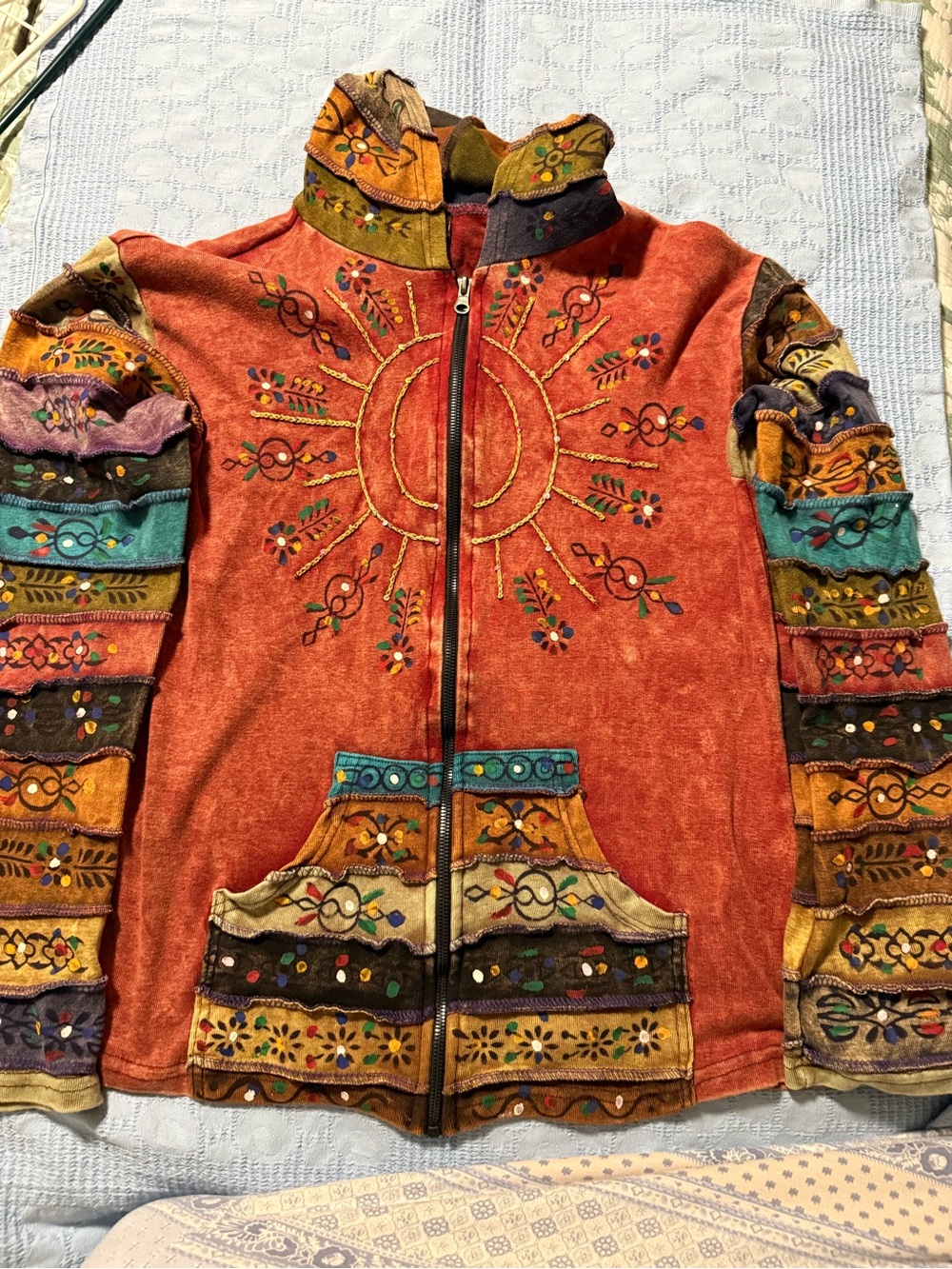 Rising International Orange Multicolor Embroidered Zip Bomber Jacket